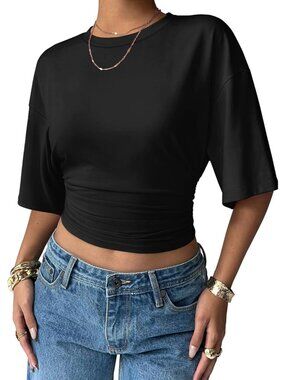 Women's Black Summer Trendy Batwing Short Sleeve Ruched Waist Slim Crop Tops